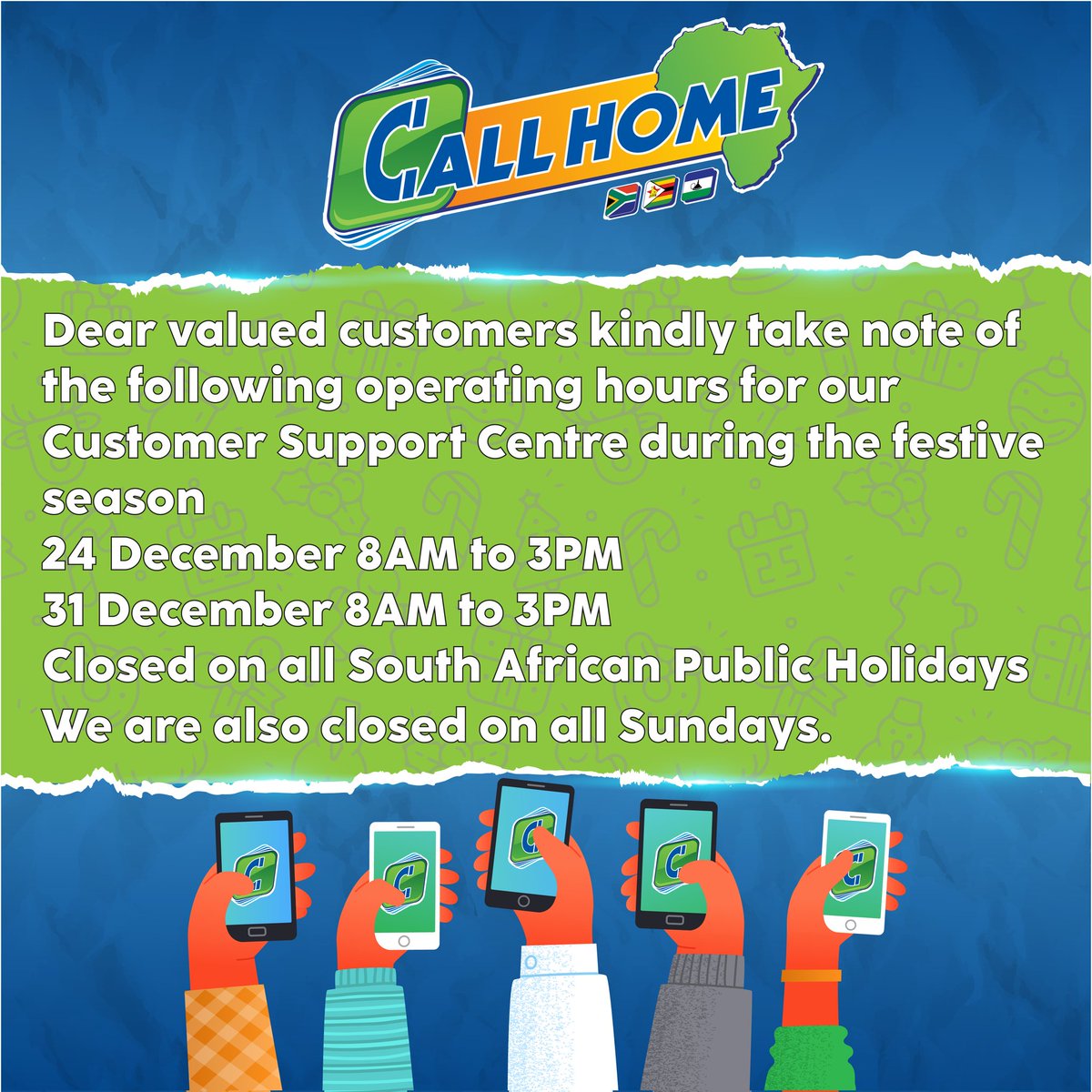 EconetCallHome's tweet photo. Dear valued customers, as we approach the festive season please take note of the adjusted operating hours. Our normal operating hours remain 8AM to 5PM from Monday to Saturday unless indicated. https://t.co/g8Tn0RV87U