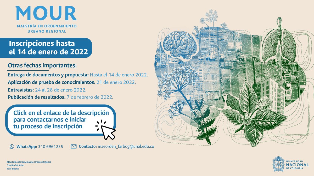 MOUR_Unal's tweet photo. Están abiertas las inscripciones para el 2022-1 a la Maestría en Ordenamiento Urbano-Regional.

❗✉️ Contáctanos haciendo clic en el siguiente enlace: https://t.co/Ws9aSuQgJV https://t.co/yAYbvN9HRx