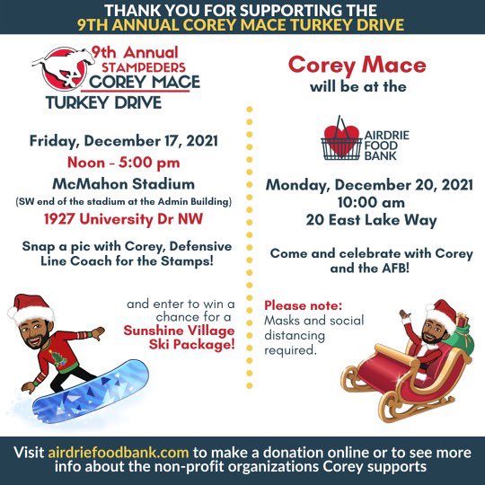 CoreyJMace's tweet image. OK CALGARY….. FINAL PUSH.

We will be at McMahon on Fri from 12-5pm for 🦃 dropoffs (Admin Building)

Fill out a raffle and lucky winner will receive a VIP Fam Ski Day from Sunshine Ski Resort 🎿 

Birds find their homes on Monday.
Let’s finish the job #YYCFAM 🤝 #FeedItForward