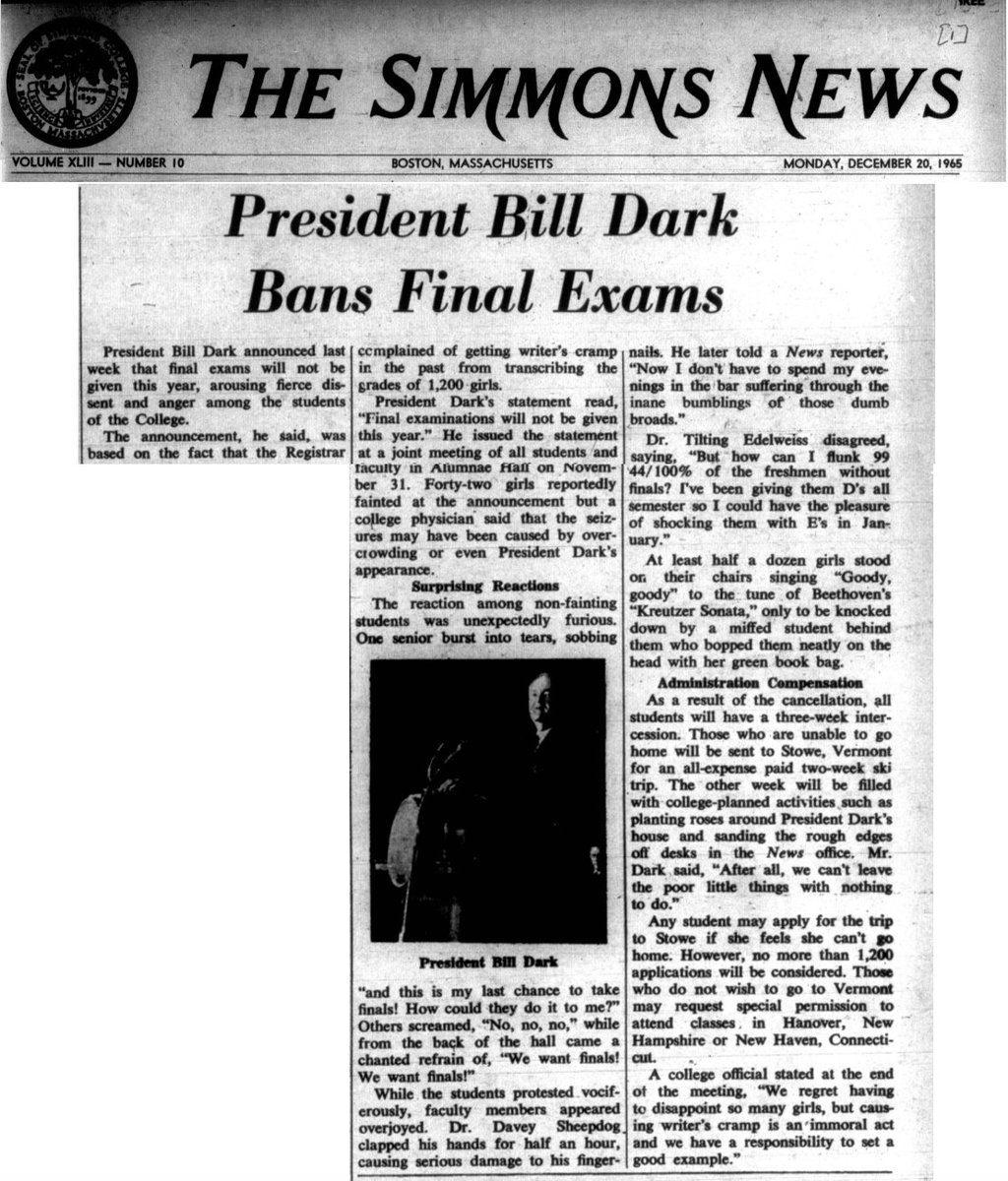Laura_R_Prieto's tweet image. In honor of the first day of final exams at #simmonsuniversity, here's a bit from 1965. (Bill Park was college president back then.) Enjoy the whole issue at simmons.access.preservica.com/uncategorized/… 
&amp;amp; Good Luck to all who are taking and grading finals!
#amgrading #inthearchive