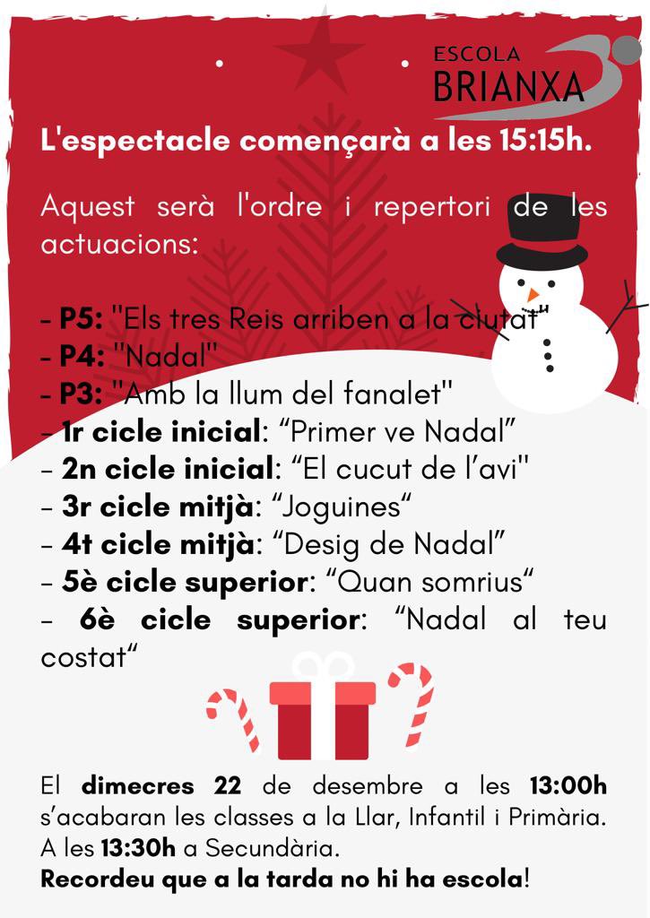 escolabrianxa's tweet photo. 📣 Bona tarda! Us recordem que demà a la tarda tindrà lloc el Festival de Nadal. Podreu seguir les actuacions en directe a través del canal de Youtube de l’escola! 🎄 🎵 ⭐️ #Brianxa #Tordera #nadal2021 https://t.co/XL8ziOm1VR