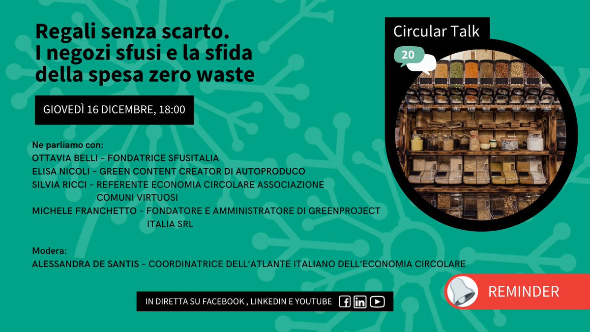 EcoCircolareCom's tweet photo. 🛎 Ci siamo quasi! Tra pochissimo saremo in live streaming con il nostro #CircularTalk dedicato ai negozi sfusi e alla sfida della spesa #zerowaste!
Seguite la diretta su Facebook, LinkedIn e YouTube proponendo in chat le vostre riflessioni e domande: https://t.co/cCUA6qSbZx https://t.co/n6myGtF6Hs