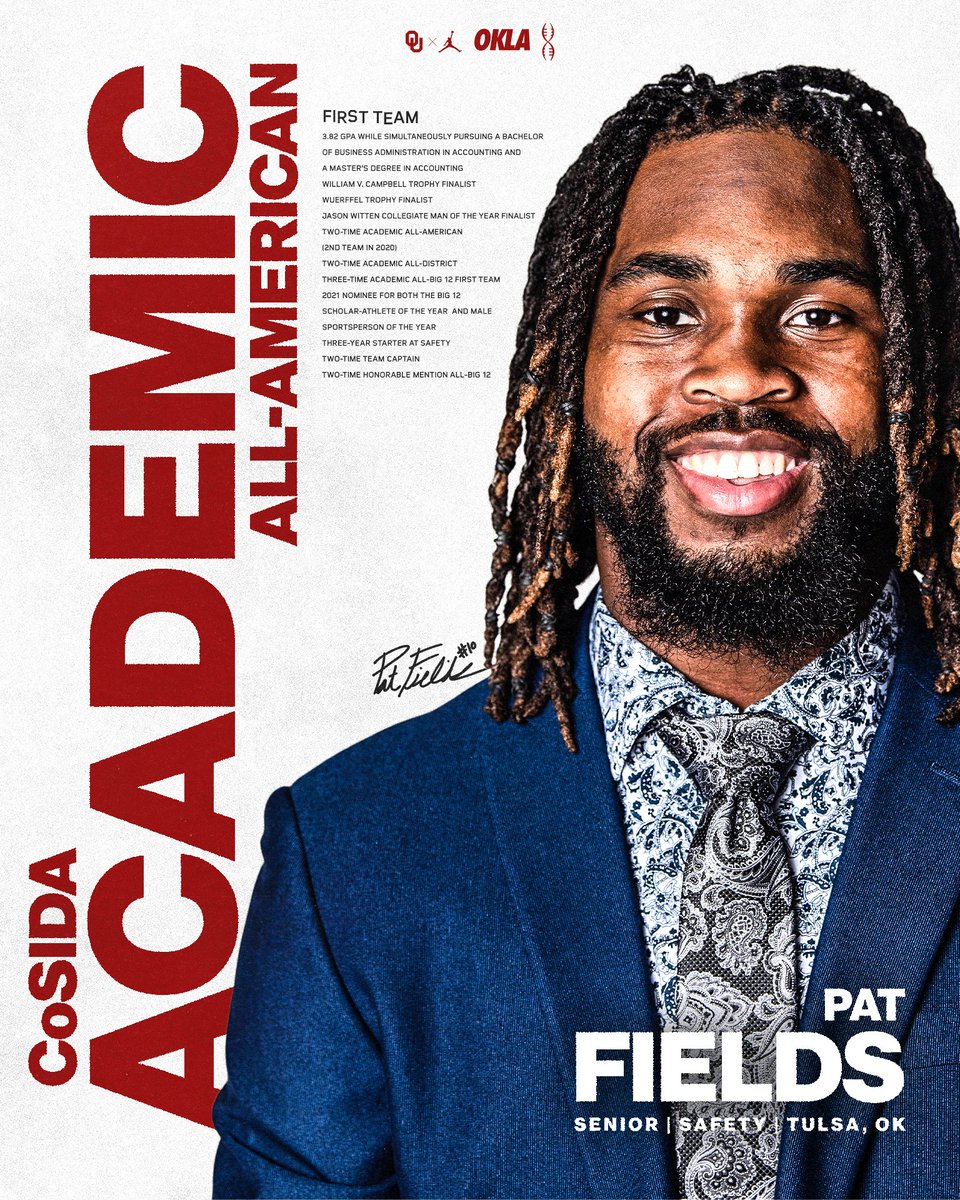 OU_Football's tweet photo. 𝐀𝐜𝐚𝐝𝐞𝐦𝐢𝐜.

@PatrickFields24 earns 2021 Academic All-America First Team honors.

➡️ https://t.co/AH0hQYay6W | #OUDNA https://t.co/P1JIX29gfD
