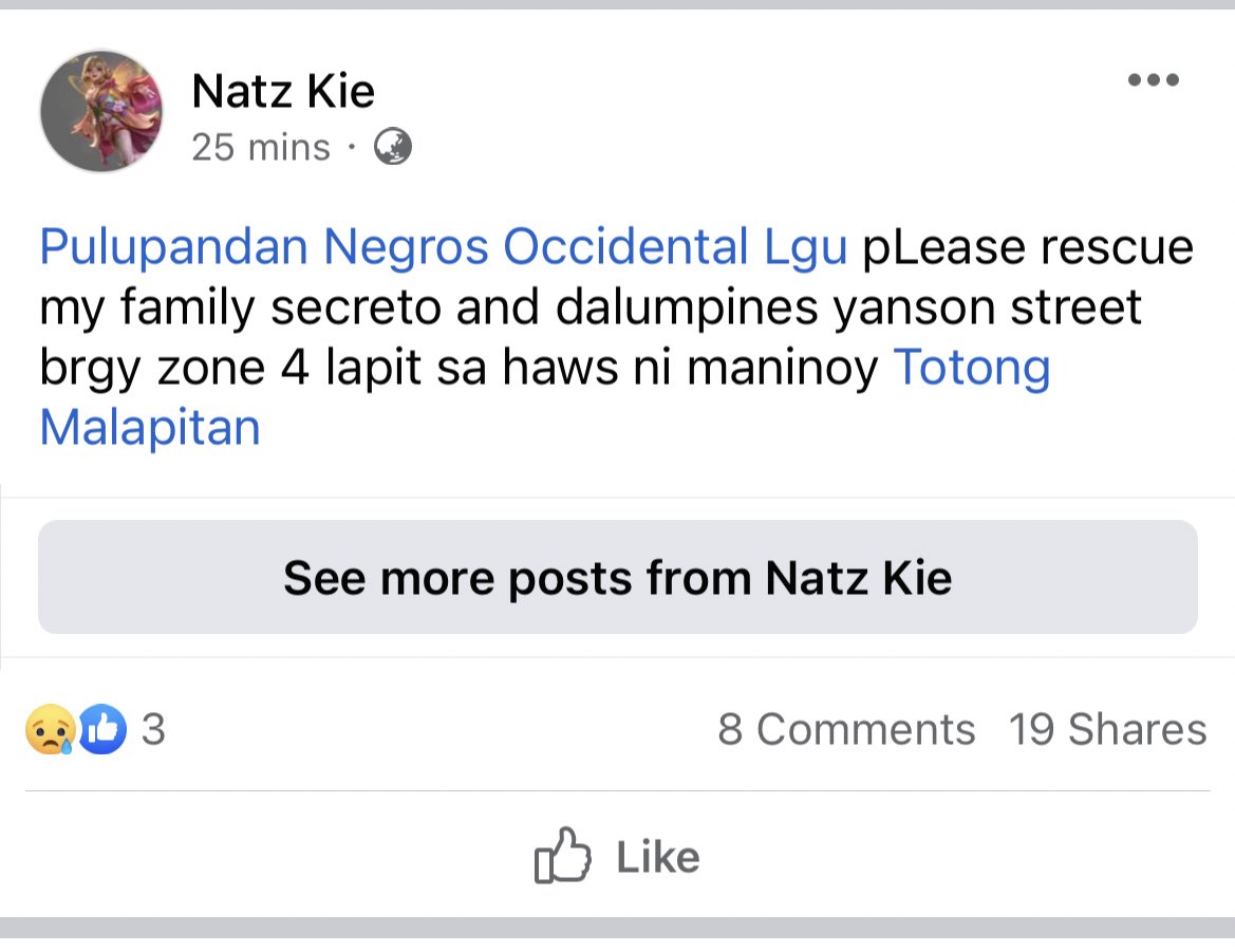 in need of rescue! 🚨🚨🚨

taken from facebook, pulupandan, negros occidental #OdettePH

Location: Yanson St., Brgy. Zone 4, Pulupandan, Negros Occidental

<a href="/lenirobredo/">Leni Robredo</a>