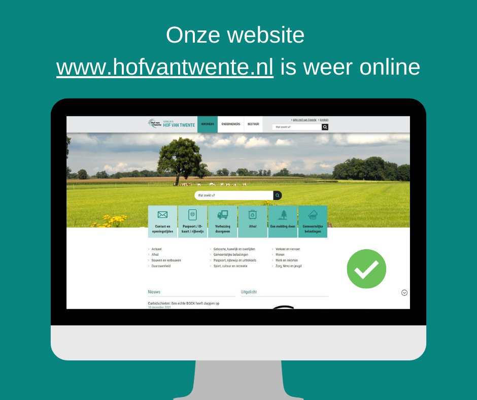 Sinds 17:00 uur vanmiddag is hofvantwente.nl weer in de lucht 💻✔️ 

De site was vanaf maandag niet bereikbaar. Dat kwam omdat er in wereldwijd gebruikte software (Log4j-) een fout was ontdekt met mogelijke veiligheidsrisico's. Die fout moest eerst worden gecontroleerd.