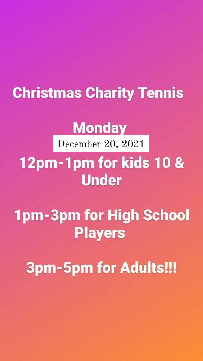 GCMTennisTeam's tweet photo. Christmas Charity Tennis Event 

Monday, December 20th, 2021 

12pm-1pm for kids 10 &amp; Under

1pm-3pm for High School Players

3pm-5pm for Adults!!! #gcGIANTS https://t.co/F4iAWBOc3p