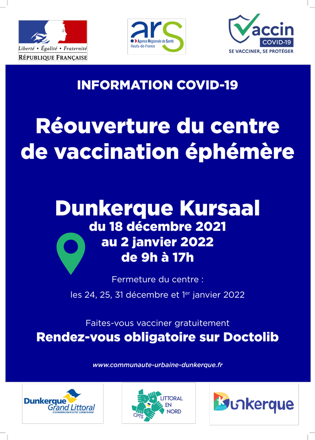 ⚠️ RAPPEL ⚠️
Des créneaux disponibles au centre de vaccination du #Kursaal !
Le centre de vaccination du Kursaal ouvre ses portes
✅ Dès le samedi 18 décembre
👉 Inscrivez-vous sur le site <a href="/doctolib/">Doctolib</a> pour prendre RDV
doctolib.fr/vaccination-co…