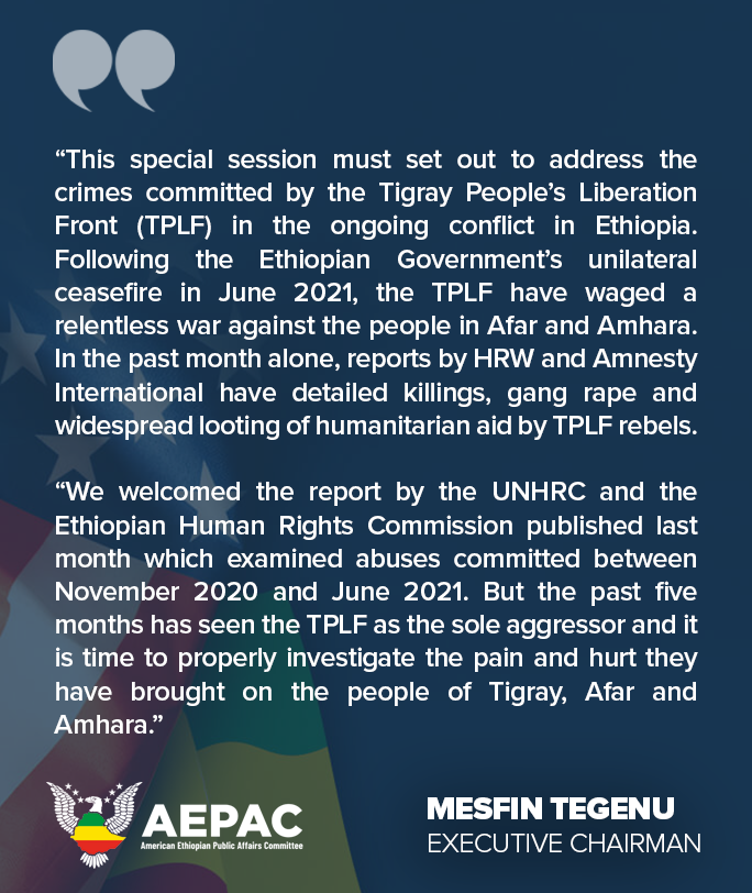 AmericaEthiopia's tweet image. Ahead of the UNHRC special session in Geneva on Friday, AEPAC is appealing to delegates to fully investigate crimes committed by the #TPLF. 

Read the full statement below: