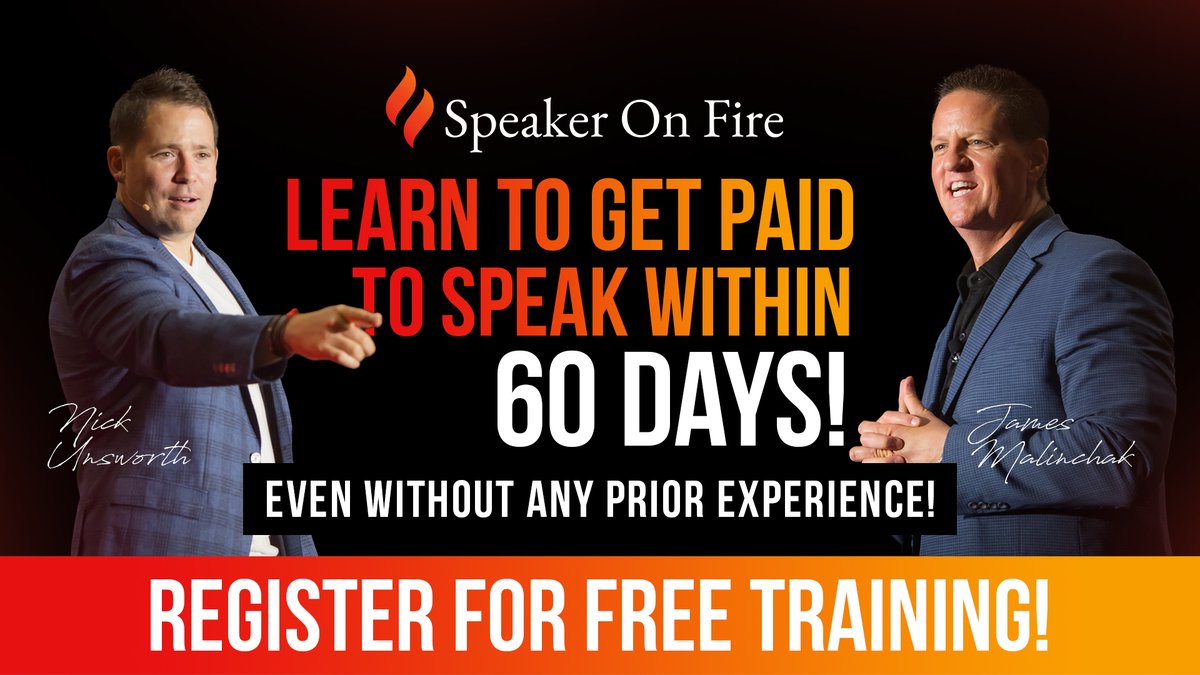 We got live at 10AM Pacific today!

This is the “Part 2” &amp; is different from our Training last Tuesday. James Malinchak is bringing even MORE actionable steps to Get Paid to Speak Within 60 Days

You can still register for the FREE training to join in

👉speakeronfire.com