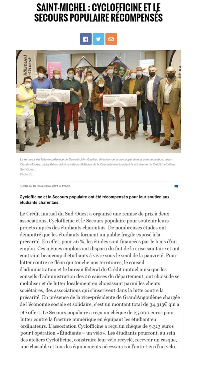 EmmanuelRainaud's tweet photo. La Charente Libre met en avant une nouvelle fois nos opérations de solidarité.
Le Crédit Mutuel du Sud-Ouest soutient ses sociétaires, les étudiants  et accompagne les acteurs de l’ESS du GrandAngoulême à hauteur de 35000€. #solidaritescmso #banquecollaborative https://t.co/P2m9uOjwdR
