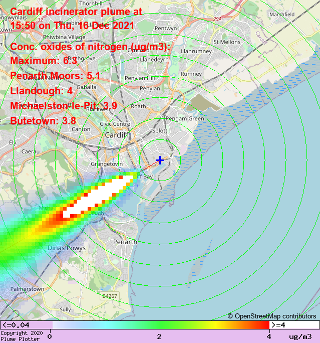 plumeplotter's tweet photo. Latest Cardiff incinerator plume plot, 15:50 16/12/21 #PenarthMoors #Llandough #MichaelstonlePit https://t.co/HI9XmVnbT1 https://t.co/cWRggud67X