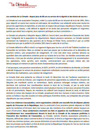 lacimade's tweet photo. 🔴 Face à des violences inacceptables à l'encontre de nos équipes à #Mayotte, La Cimade a porté plainte et réagit officiellement et fermement dans un communiqué officiel.
Nous continuerons de défendre les droits de tous et toutes sans aucune distinction et sans discrimination! https://t.co/UeKojHNktQ