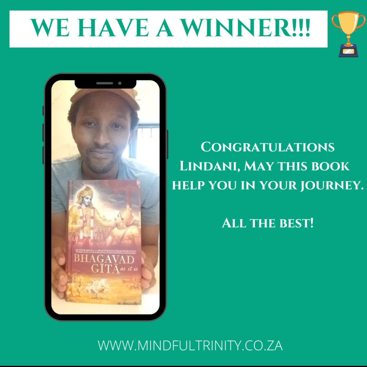 mindful_trinity's tweet photo. We have a winner 😊Congratulations to Lindani
#worldgitaday #understandingthemind #understandingthesoul #innerwellness #mentalhealth https://t.co/mLLgnUqIyG