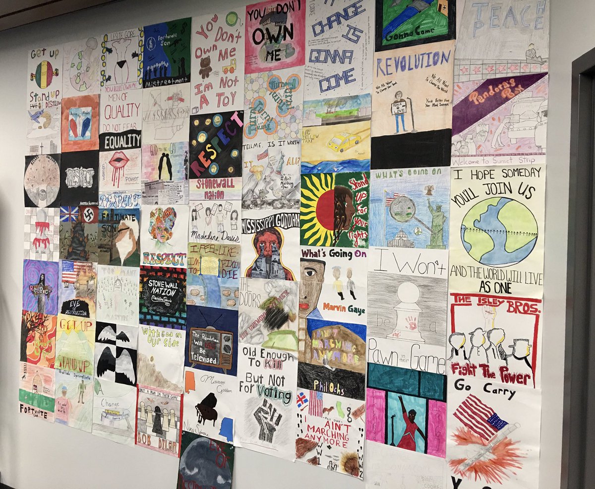 As a wrap-up to the juniors’ Baby Boomer unit, students analyzed a protest song from 1950-1975 and then created an album cover or protest poster inspired by the song. Finally got around to hanging them up, and they look great! #OurBMSA