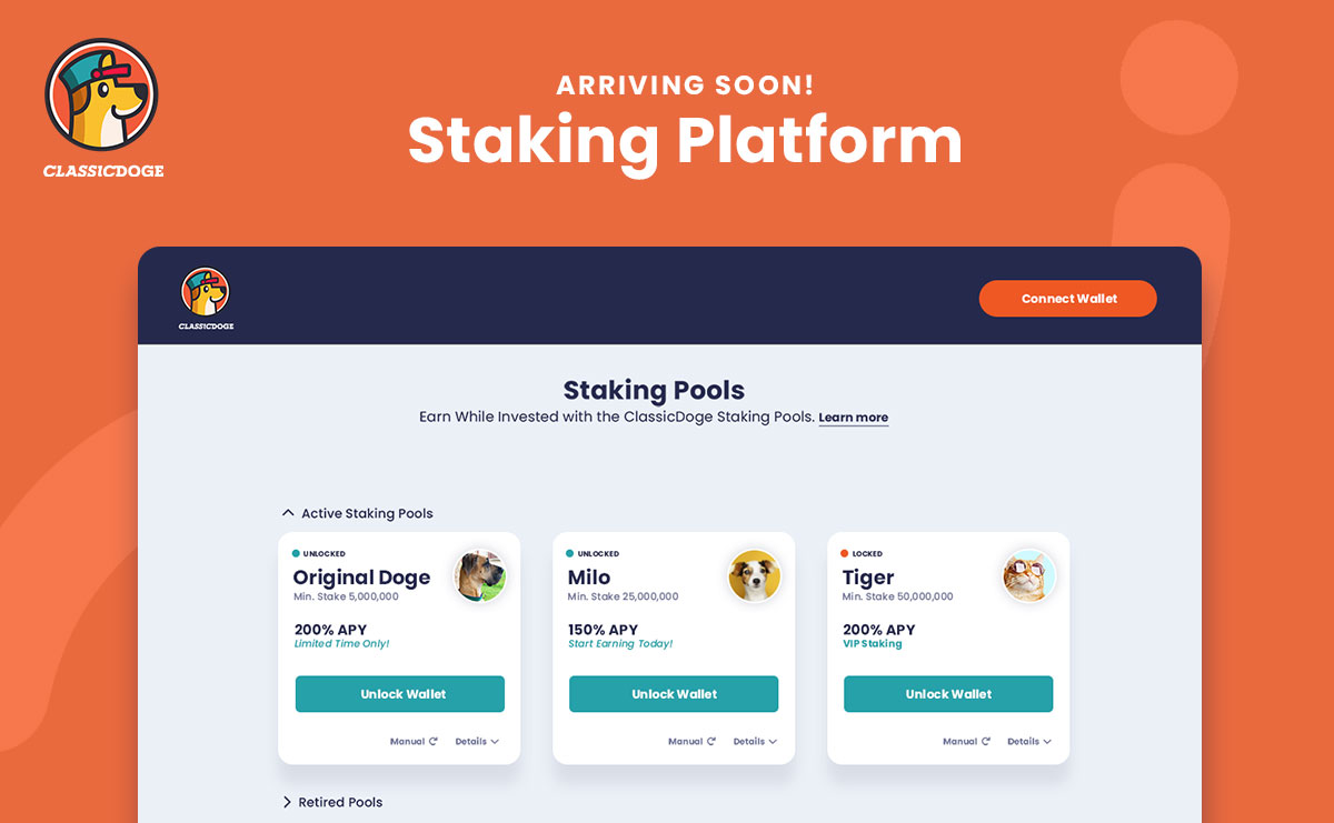 TheClassicDoge's tweet photo. The ClassicDoge Staking Platform is almost here!
Currently being audited, once complete, staking pools will be active & ready for participation. We will be offering VIP Staking with a higher APY!
Preview https://t.co/JwWgvvETQK
#classicdoge #xdoge #crypto #stackingpools https://t.co/ECbLEiszr5