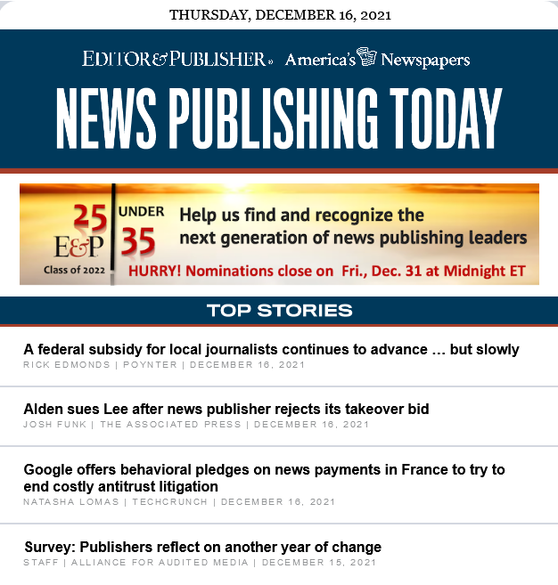 EditorPublisher's tweet photo. A federal #LJSA subsidy for local journalists continues to advance ... but slowly. Read this and more industry news in today's Noon (EST) Newsletter from @EditorPublisher and @newspapersorg: https://t.co/gqssJcV0df https://t.co/UTVpqxXjIb