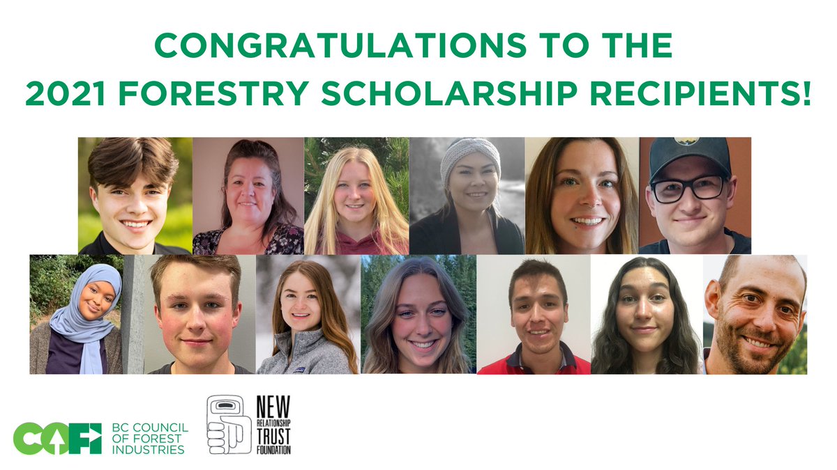 COFI_INFO's tweet photo. We are pleased to announce the recipients of the 2021 Forestry Scholarships! These students will ensure a bright future for BC forestry, keeping 🌲🌲🌲 healthy and producing 🌎-friendly products.

Read more and learn about our partnership with @NRT_BC: https://t.co/uYBRA4k5ry https://t.co/lgmzzEUPBu