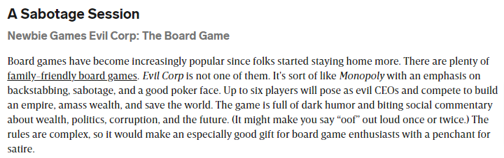 Evil Corp is in Wired's latest gift ideas list, <a href="/l0uryn/">louryn strampe 👠</a> you lovely Christmas Santa you :)

wired.com/gallery/work-f…