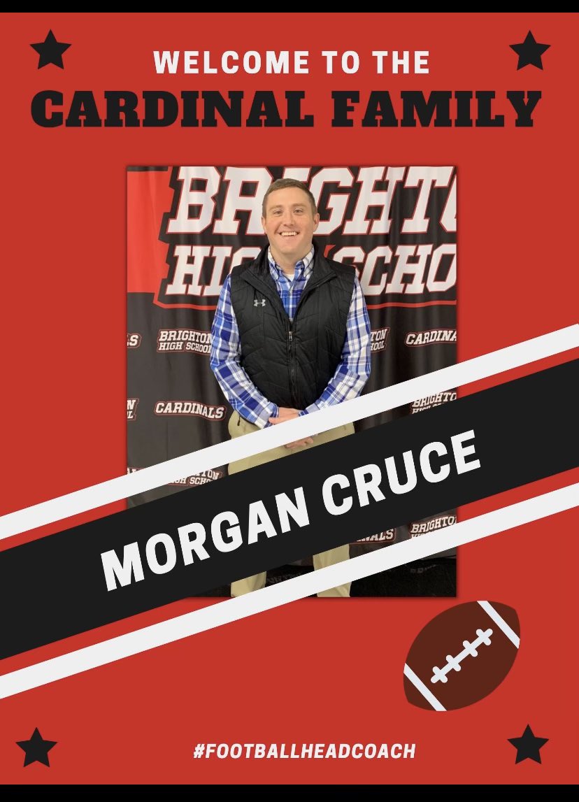 CardFootballBHS's tweet photo. Cardinal Family, welcome Coach Morgan Cruce to Brighton High! https://t.co/f36m7XWIR3