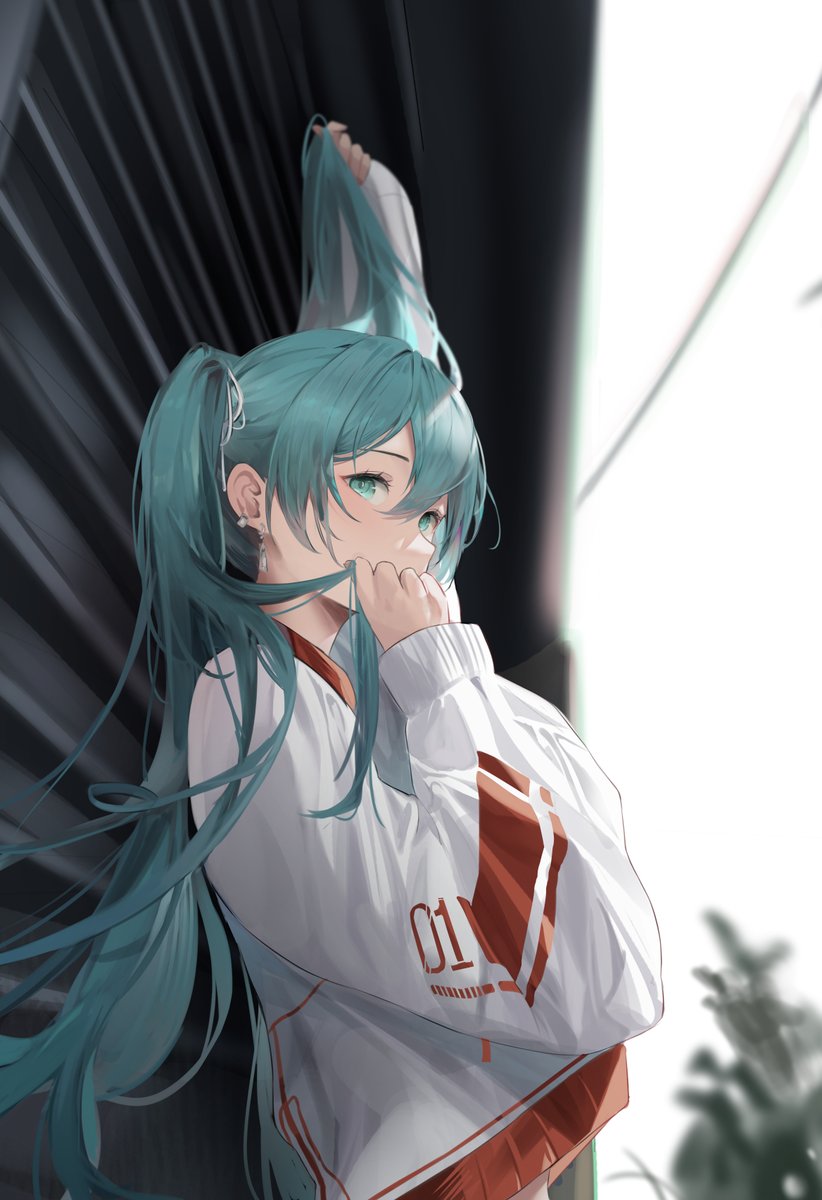 hatsune miku 1girl long hair solo twintails jewelry holding hair jacket  illustration images