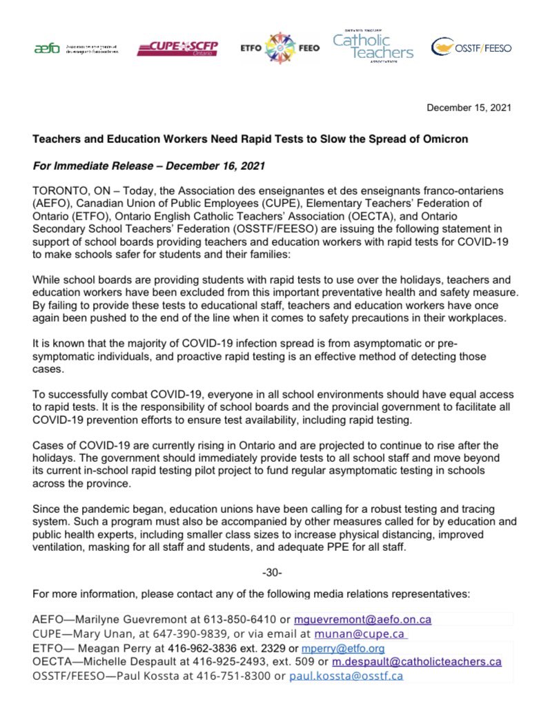 FOR IMMEDIATE RELEASE: Joint statement from @ETFOEducators, @AEFO_ON_CA, @CUPEOntario, @OECTAProv, & @OSSTF Teachers & Ed Workers need rapid tests to slow the spread of Omicron #ETFO #onted #onlab #onpoli