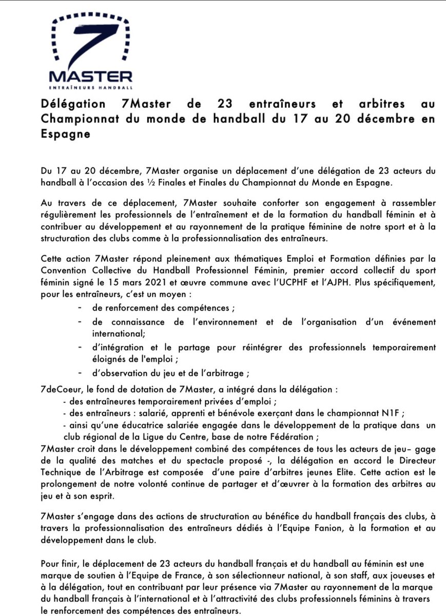 7MasterHand's tweet photo. 📌 Notre délégation de 23 #entraîneurs et #arbitres du #handball #feminin présente au CDM #Spain2021 ‼️

3 jours pour que les entraîneurs apprenti, bénévole ou salarié observent et partagent pour développer leurs compétences.

📶Structurer le #hand féminin par les entraîneurs 👊 https://t.co/2Bf3qGau9y