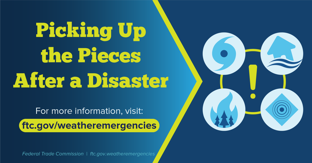 FTC's tweet photo. Looking for clean-up and repair help after a disaster?
✔️Ask for IDs, licenses and proof of insurance
✔️Make sure local contact info is listed on trucks
✔️Check with state/local consumer protection offices for complaints
More: https://t.co/VQ0e3d8XPS #DisasterRecoveryTips https://t.co/s6KQIY8anZ