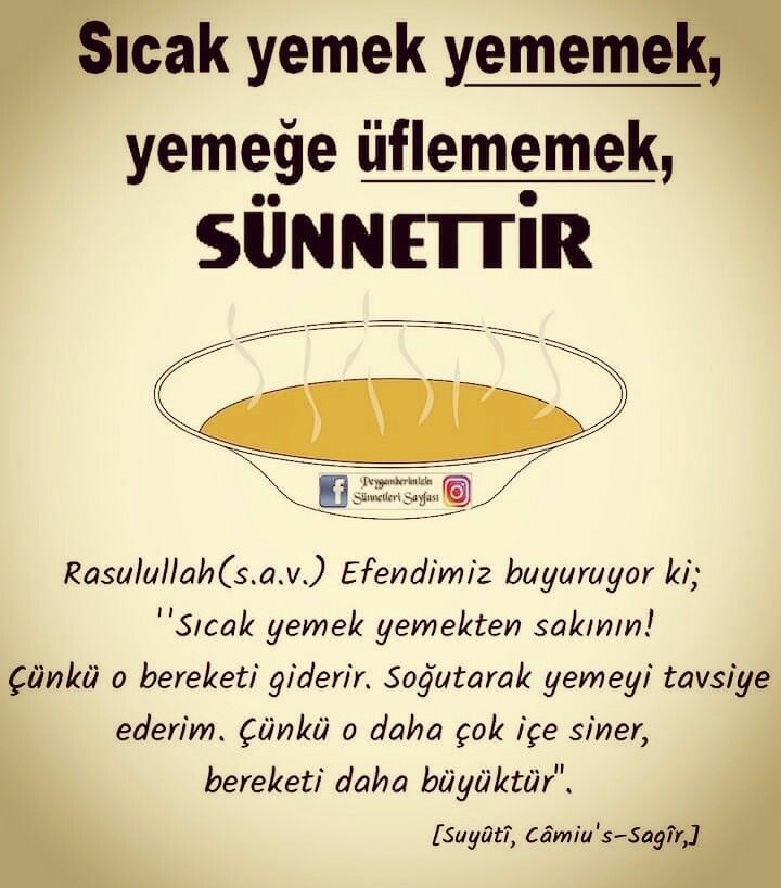 AKoca36's tweet photo. Sıcak yemek yememek yemeğe üflememek sünnettir.
Resulullah sav .
Buyuruyor ki sıcak yemek yemekten sakının Çünkü o bereketi giderir soğutarak yemeği tavsiye ederim Çünkü o daha içe siner bereketi daha büyüktür.

#HadislerCenneteYoldur https://t.co/XmsYb7MBAX