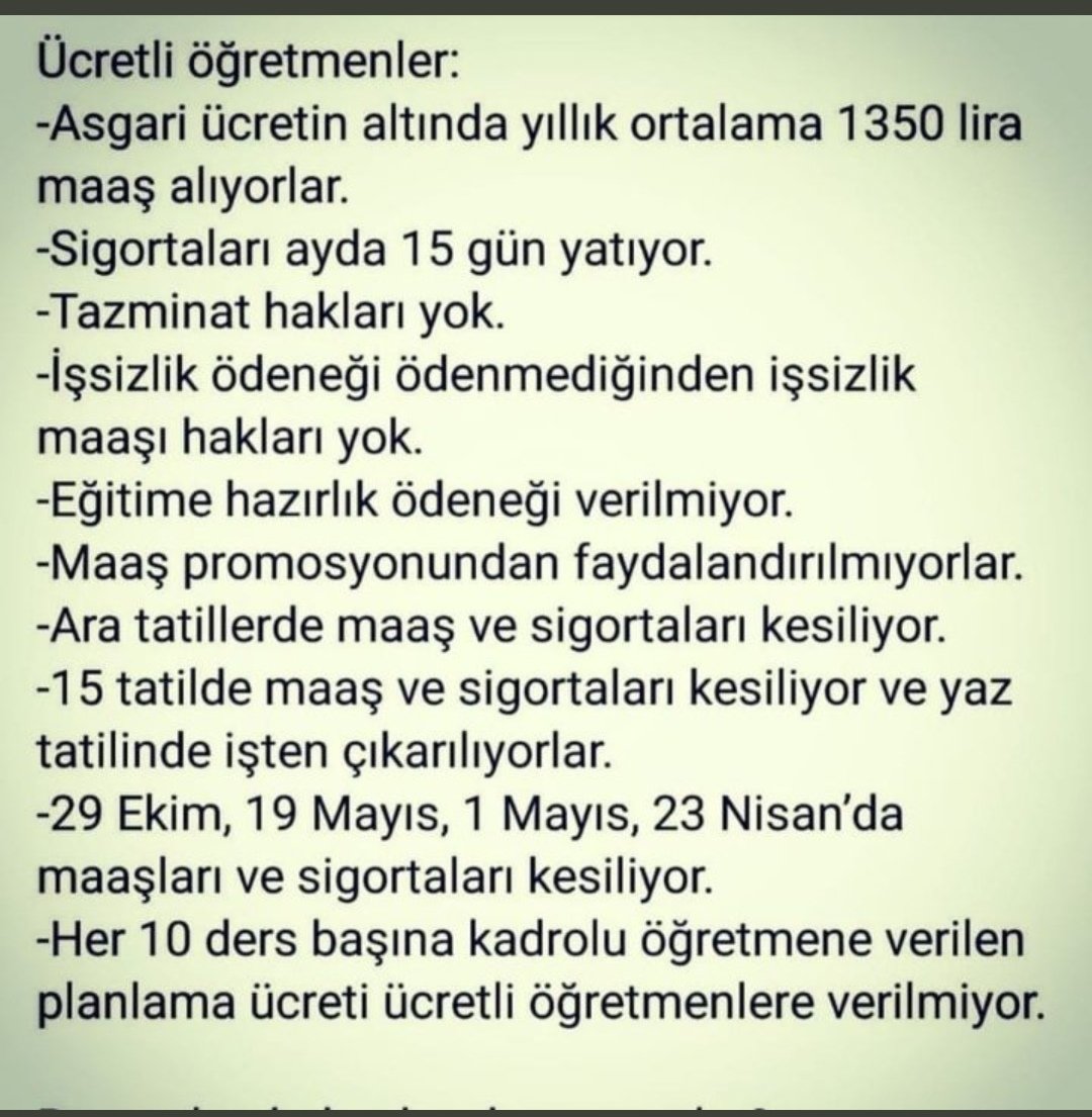 #asgariucret
Ücretli öğretmenler asgari ücretin altında çalışıyor!!!
<a href="/tcmeb/">Millî Eğitim Bakanlığı</a> <a href="/Mustafa_Destici/">Mustafa Destici</a> <a href="/dbdevletbahceli/">Devlet Bahçeli</a> <a href="/Akparti/">AK Parti</a> <a href="/MhpTbmmGrubu/">MHP TBMM Grubu #MHP</a> <a href="/makif_yilmaz/">Mehmet Akif YILMAZ</a> <a href="/mahirunal/">Mahir Ünal 🇹🇷</a> <a href="/yildirimkaya40/">Yıldırım Kaya</a> <a href="/HVahapoglu/">Dr. M. Hidayet VAHAPOĞLU 🇹🇷</a> <a href="/ErbakanFatih/">Dr. Fatih Erbakan</a>