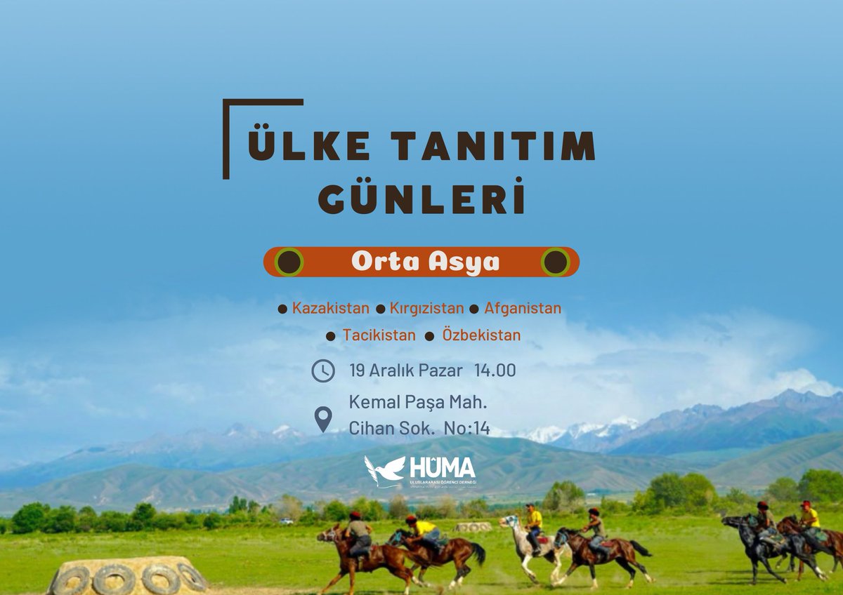 Ülke tanıtım etkinlikleri kapsamında bu haftaki durağımız: ORTA ASYA
.
.
.
#humaoudsakarya #huma #uluslararasıöğrenci  #sakarya #turkey #ülketanıtımgünleri #ortaasya #kazakistan #kırgızistan #afganistan #tacikistan #özbekistan