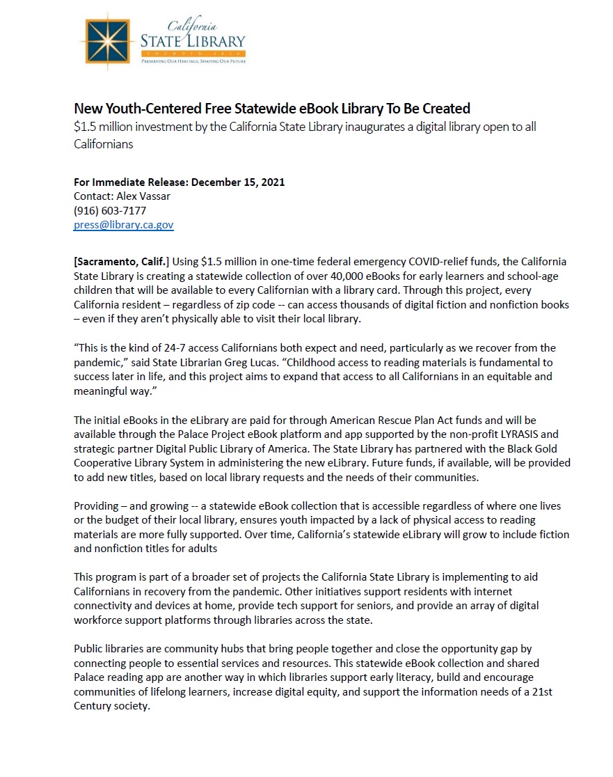 CAStateLibrary's tweet photo. Press Release: New Youth-Centered Free Statewide eBook Library To Be Created https://t.co/0mlBvaaeOI