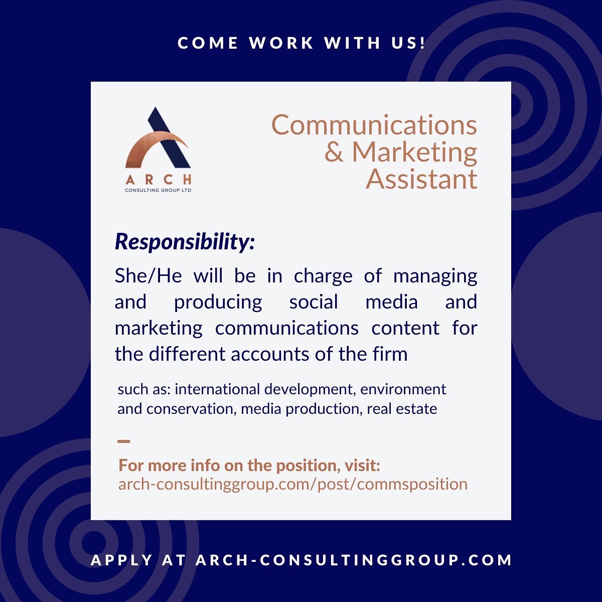 archcgl's tweet photo. 📣 ARCH is hiring again! We are now seeking a Communications &amp; Marketing Assistant who will be in charge of content production and management for the various accounts of the firm 

👉 Swipe below and visit https://t.co/VgEMFfCBTV for more information https://t.co/uM12AL1hBD
