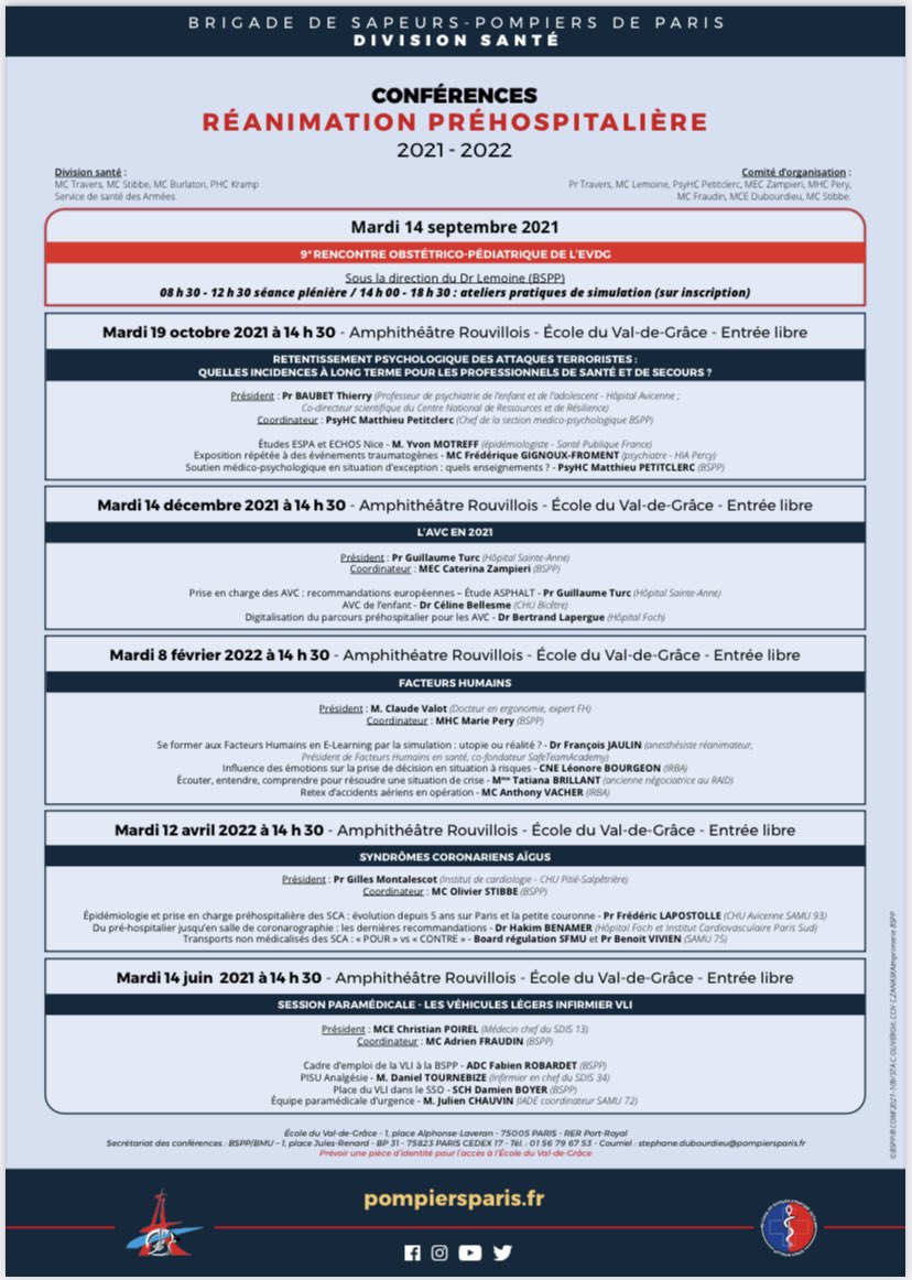 La division santé (le #SSSM <a href="/santearmees/">SantéArmées</a>) des <a href="/PompiersParis/">PompiersParis</a> organise chaque année un cycle de conférences de réanimation préhospitalière (accès gratuit) qui se tiennent à l’école du Val-de-Grâce <a href="/SSA_EVDG/">Ecole Val-de-Grâce</a> (Paris 5e).

Prochaine conférence le mardi 8 février « facteurs humains ».