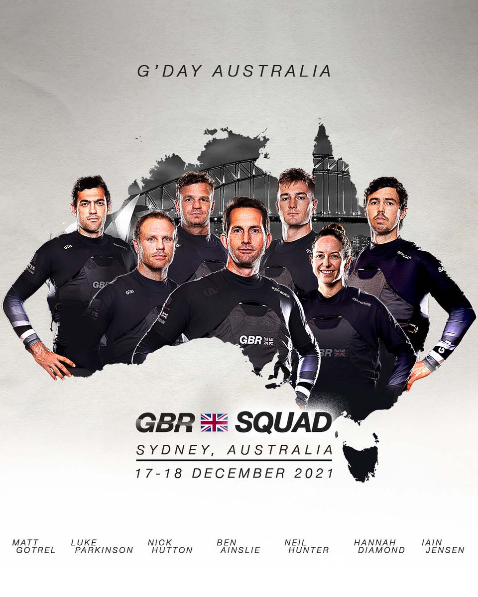 SQUAD – The British line-up for #AustralianSGP

<a href="/AinslieBen/">Ben Ainslie</a> - Driver
<a href="/_HannahDiamond/">Hannah Diamond</a> - Strategist
<a href="/IainJensen/">Iain Jensen</a> - Wing Trimmer
<a href="/ParkoLuke/">Luke Parkinson</a> - Flight Controller
Nick Hutton -Trimmer Grinder
<a href="/MattGotrel/">Matt Gotrel</a> - Grinder
Neil Hunter - Grinder

<a href="/SailGP/">SailGP</a> YouTube 05:00 GMT FRI / SAT