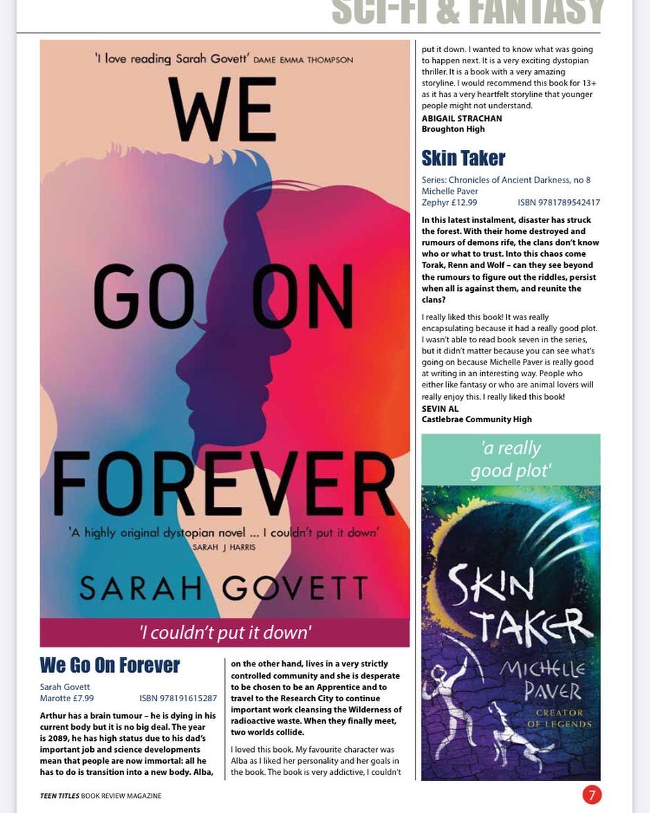 sarahgovett's tweet photo. ‘I loved this book... I couldn’t put it down’ Amazing review of #wegoonforever in the latest edition of #teentitles. Out now with @MarotteBooks ! #yafiction #yabooks #yalit #ukya #dystopia https://t.co/3YM6fI5M2x