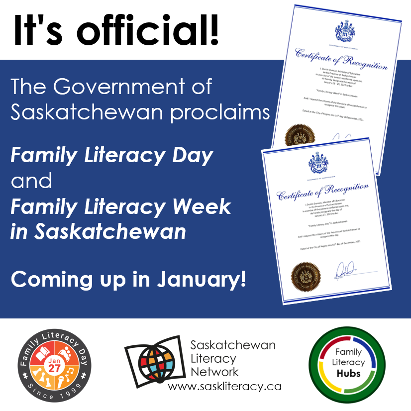 It's official! <a href="/SKGov/">Government of Saskatchewan</a> proclaims January 23 to 29 as Family Literacy Week and January 27 as #FamilyLiteracyDay in #SK. 
Download the proclamations; register your event with <a href="/abclifeliteracy/">abclifeliteracy</a>; and find out more about local events: saskliteracy.ca/familyliteracy… 
#SaskLiteracy #FamLitHub