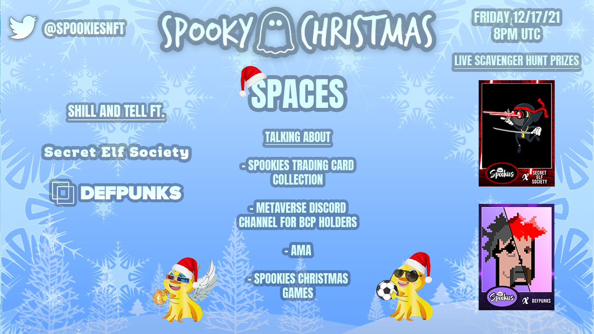 SpookiesNFT's tweet image. GM everyone! 🌞

We have a special Spookies Christmas Twitter Space planned for tomorrow! 🎅

Make sure to come by and hangout! Those who participate will be entered to win some awesome prizes! 🎁

Specials guests- @SESNFT &amp;amp; @DefPunksNFT