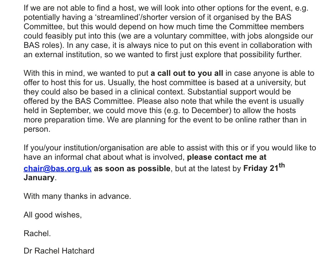 Many of you will have received this email from us this week. If you, the organisation you work for or anyone you know can support please email our chair <a href="/RachelHatchard/">Dr Rachel Hatchard</a> on chair@bas.org.uk. We would love our Therapy Symposium to go ahead this year but we need your help!