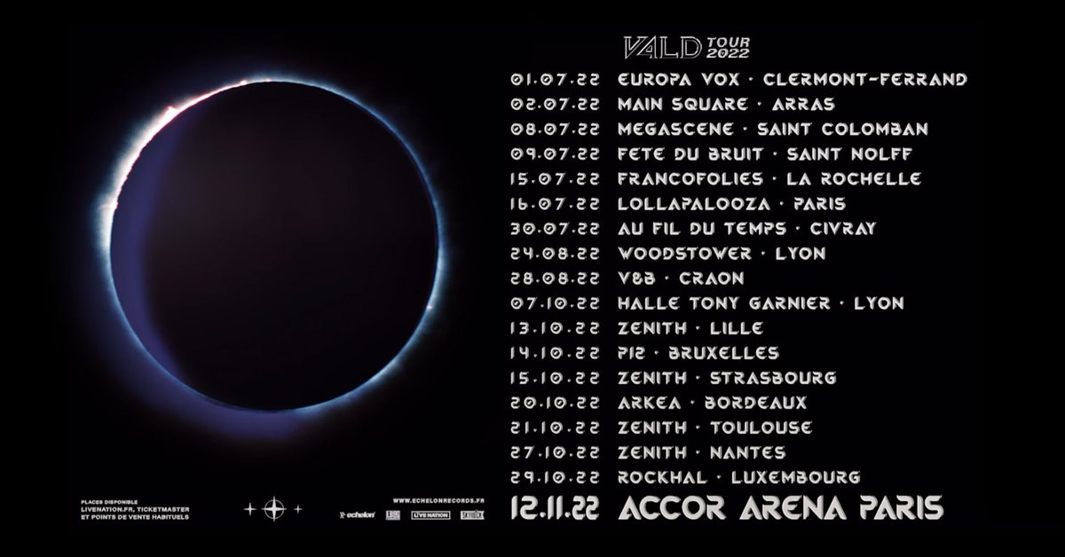 Vald_News's tweet photo. TOURNÉE 2022 : #V4LDTOUR ! ✨
Avec une date à l’AccorHotel Arena le 12 Novembre 2022 ! 🔥🎫
Préventes : https://t.co/KFgElaOloI https://t.co/VPhNiiQtis