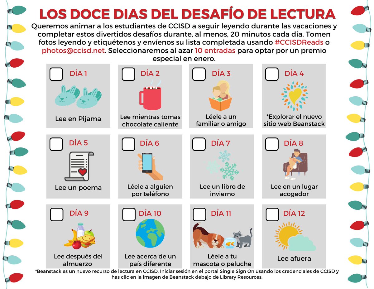 Clear Creek ISD (@clearcreekisd) on Twitter photo CCISD is encouraging students to continue reading throughout the break & complete these fun challenges for 20 minutes each day. Tag us in photos reading or send in your completed checklist using #CCISDReads & photos@ccisd.net for a chance to earn a prize! bit.ly/3p0Sckf CCISD is encouraging students to continue reading throughout the break & complete these fun challenges for 20 minutes each day. Tag us in photos reading or send in your completed checklist using #CCISDReads & photos@ccisd.net for a chance to earn a prize! bit.ly/3p0Sckf