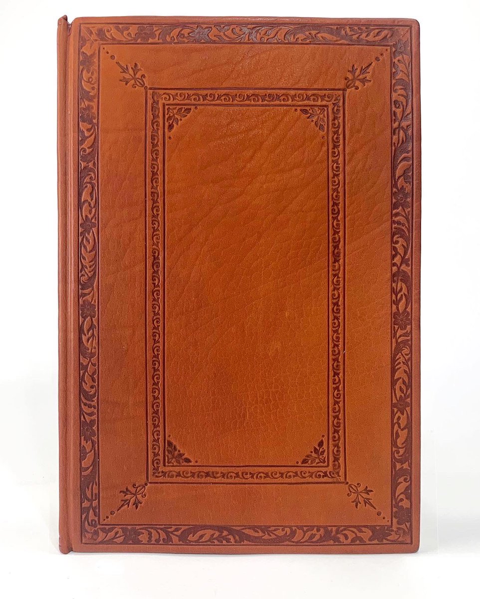 CrowingHensBind's tweet photo. Introducing the Chronicle, a full calf leather journal, tooled in blind using antique finishing tools.

Some shy away from calf because it scuffs &amp; bruises easily. I contend that aesthetic wear is part of the process that makes each journal feel lived in. #booktwt #shopsmall https://t.co/CJzRqSxJg2