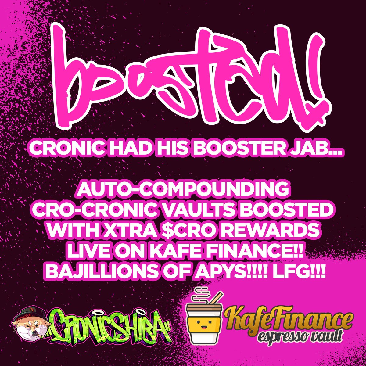 AUTO-COMPOUND $CRO - $CRONC LP in partnership with <a href="/kafefinance/">kafefinance</a>!!

$CRX YIELD VAULT: 35.38% Daily / 9.88^57 APY👀
BOOSTED with additional $CRO rewards.

$CRONIC YIELD VAULT: 
0.89% daily / 2460% APY

#LFG #FFTB #Cronos <a href="/cronosapp/"></a> <a href="/cryptocom/">Crypto.com</a> #YieldFarming #Crypto #DeFi