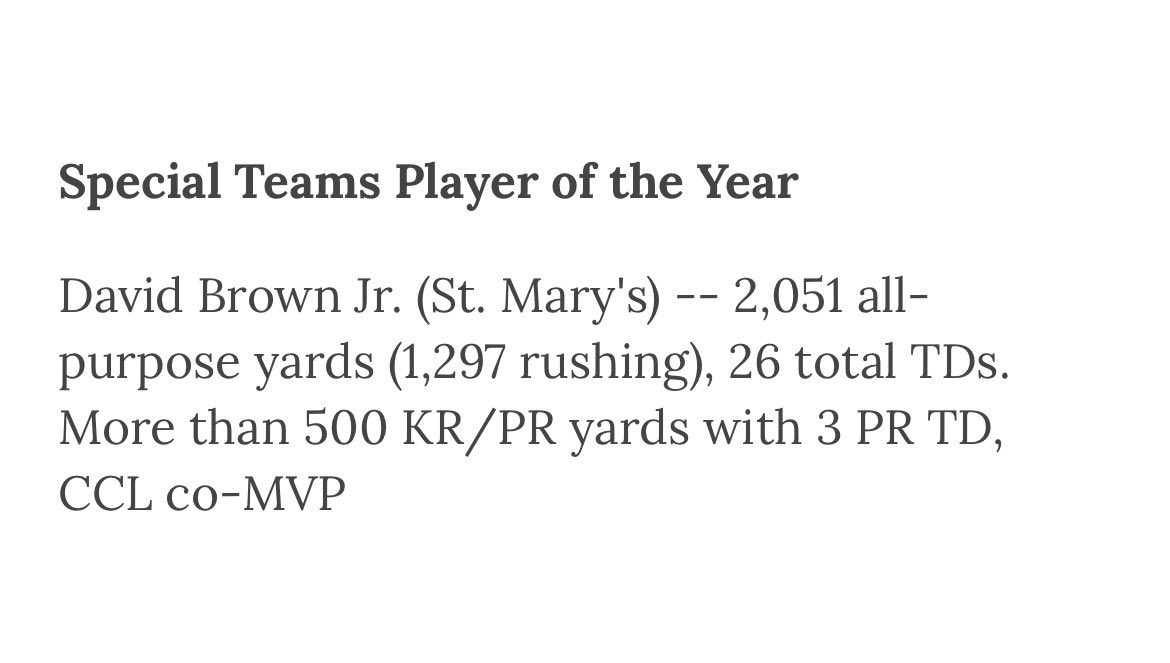 david_brownjr2's tweet photo. Extremely thankful to be named a Item all star and Item special teams player of the year. Thank you to all my coaches and my linemen for helping me achieve this. @SMHfootball1 https://t.co/X6GlDxGSlq