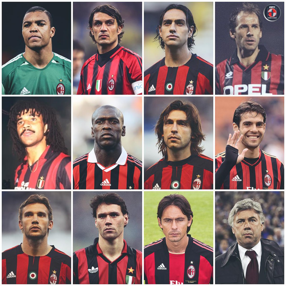 ESPN_FDJ's tweet photo. 🔴⚫ ¡Felices 122 años al AC Milan! 🔴⚫

En 2019, este fue el XI histórico que eligieron nuestros seguidores.

🇧🇷 Dida
🇮🇹 Maldini
🇮🇹 Nesta
🇮🇹 Baresi
🇳🇱 Gullit
🇳🇱 Seedorf
🇮🇹 Pirlo
🇧🇷 Kaká
🇺🇦 Shevchenko
🇳🇱 Van Basten
🇮🇹 Inzaghi
DT: Ancelotti.

¿Le harían algún cambio? 👀 https://t.co/uhnM8WfDBK