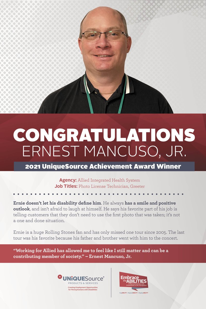 UniqueSourcePA's tweet image. The UniqueSource spotlight shines this week on Ernie Mancuso, Jr.!
Ernie is a 2021 UniqueSource Achievement Award Winner from Allied Integrated Health System, where he is employed as a Photo License Technician/Greeter.  Thank you Erie for all that you do!!!!!!