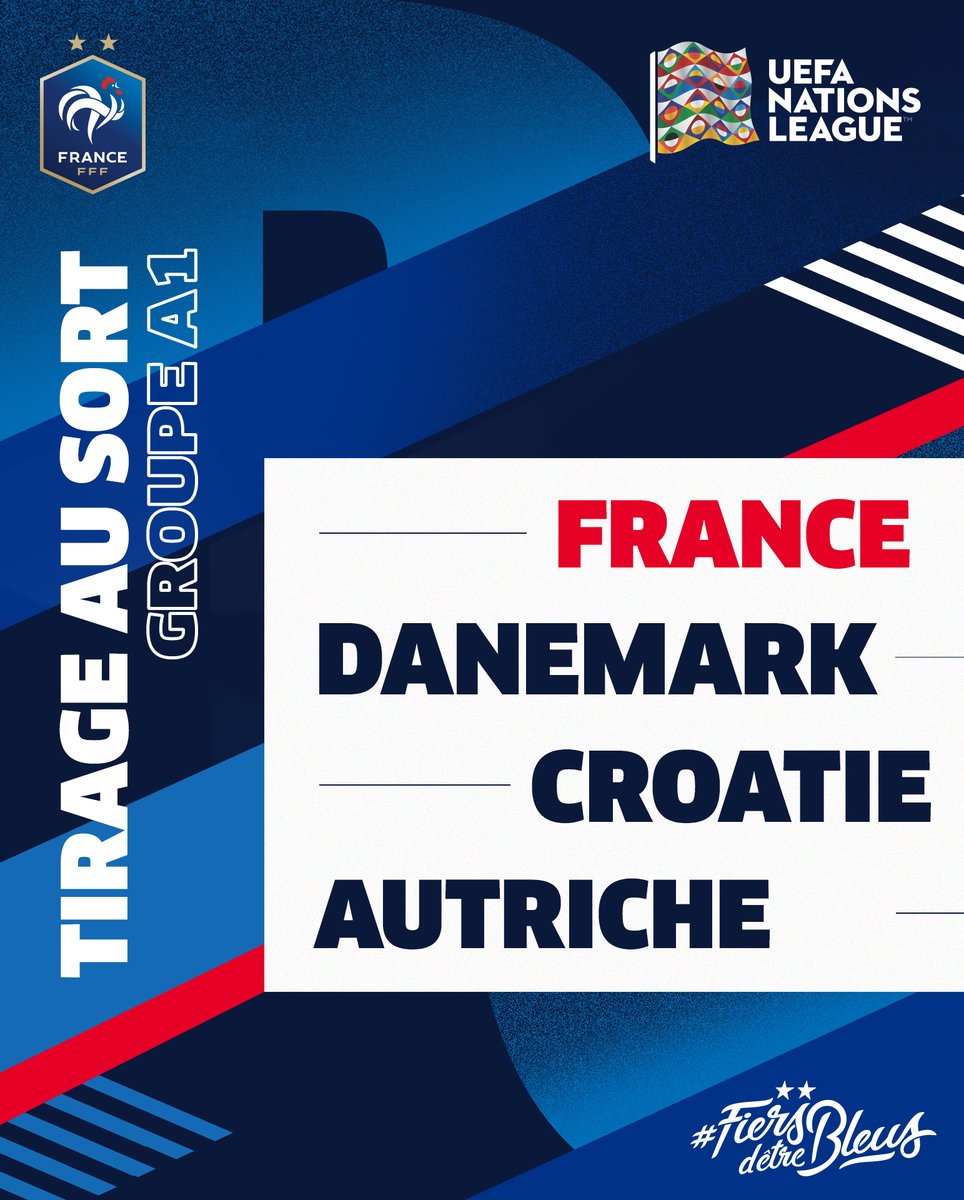 equipedefrance's tweet photo. Ça sera le Groupe A1 de la Nations League pour nos Bleus ! 🇫🇷🇩🇰🇭🇷🇦🇹

RDV en juin 2022 pour le début de la compétition 👊 #FiersdetreBleus https://t.co/7brN7fEJSB