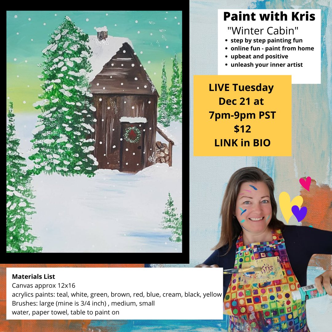 Ticket link in bio!  
Join me for the special holiday return of Painting with Kris. Winter Cabin is cozy, cute and fun! Create a grey or red cabin if you prefer 🌲❤️

I’ll be LIVE … painting, entertaining and sharing sparkly energy over the internet. This event is online.