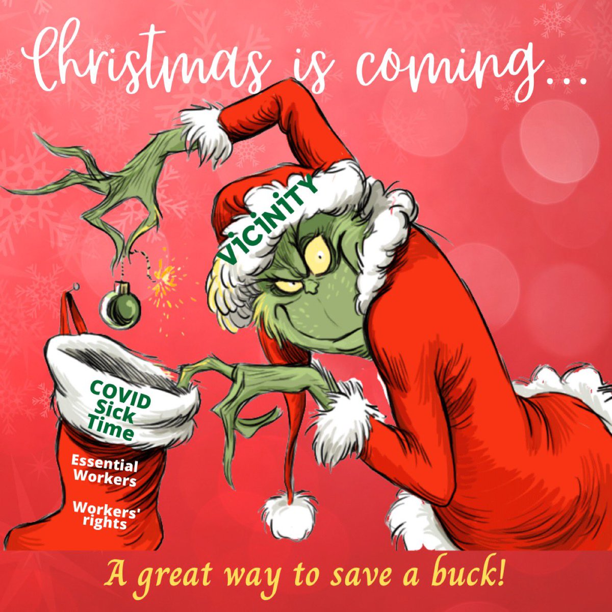 Remember the time essential workers who couldn’t do their jobs at home kept showing up with little praise?  Oh wait, that’s still happening. Looking at you #VincintyEnergy. #essentialworkers #covidsicktime #unionstrong #grinch #grinchmas #workersrights