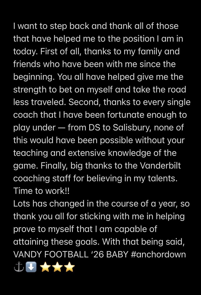 1000% Committed <a href="/VandyFootball/">Vanderbilt Football</a> ‘26!! Time to work!!