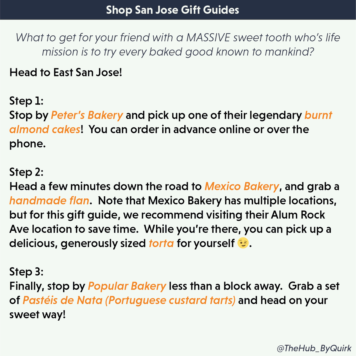 TheHub_ByQuirk's tweet photo. #ShopLocalSJ Gift Guide #6 is here, in #EastSanJose! Check out these sweet treats on your next gift buying journey.

#SanJose #Eastside @PetersBakery @CM_Magdalena @samliccardo @sjeconomy @supcindychavez https://t.co/kFa33C2Wz2
